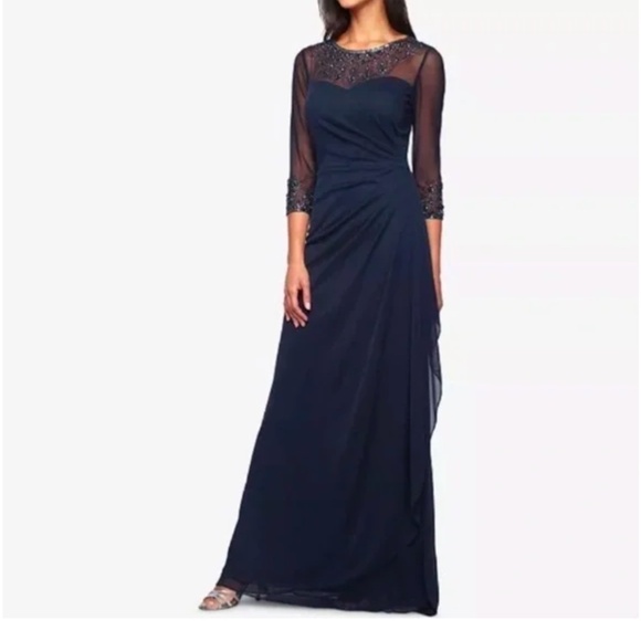Alex Evenings Illusion Embellished 3/4 Sleeve Ruched A-Line Gown in Dark Navy - Picture 8 of 9